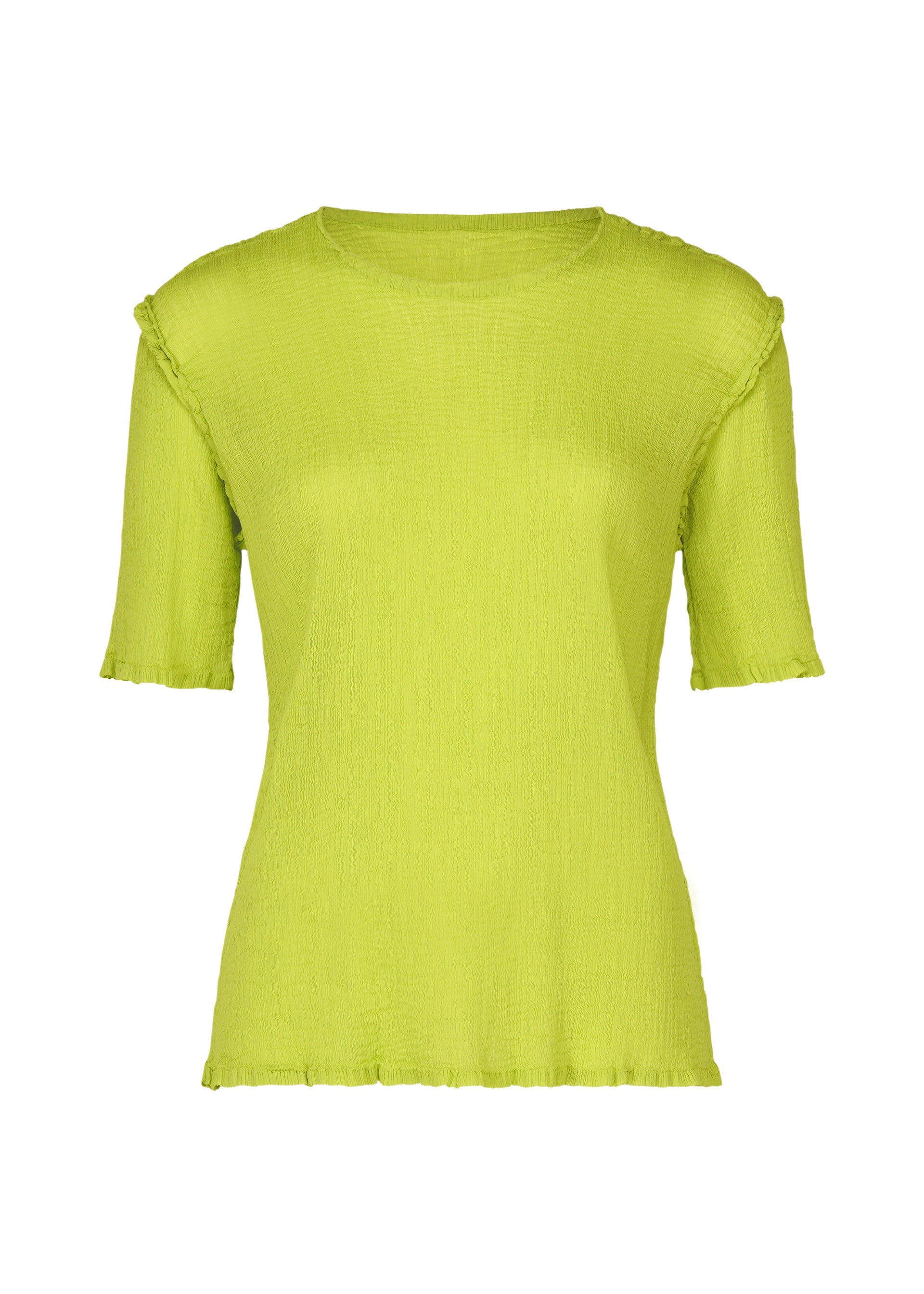 Zoomed view The me ISSEY MIYAKE SEE-THROUGH CREPE COLOR is a lime green women’s short-sleeve blouse with product-dyed, slightly crinkled fabric, a round neck, and subtle ruffle details at the hem and sleeves. - LIME YELLOW （no.51）