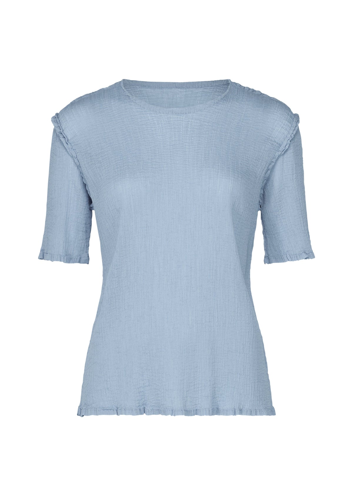 The SEE-THROUGH CREPE COLOR top by me ISSEY MIYAKE is a light blue, short-sleeve women’s crepe top with a round neck, crinkled product-dyed fabric, and subtle ruffle details on the sleeves and hem. view 3 of 7