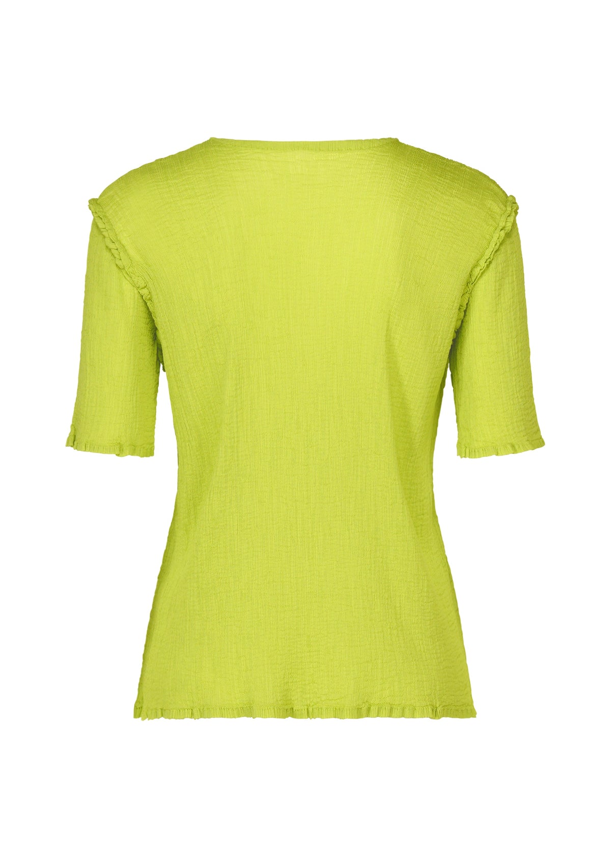 Back view of the SEE-THROUGH CREPE COLOR women's top by me ISSEY MIYAKE in bright lime green, featuring short sleeves, textured product-dyed fabric, and subtle ruffled edges, displayed on a plain white background. view 4 of 7