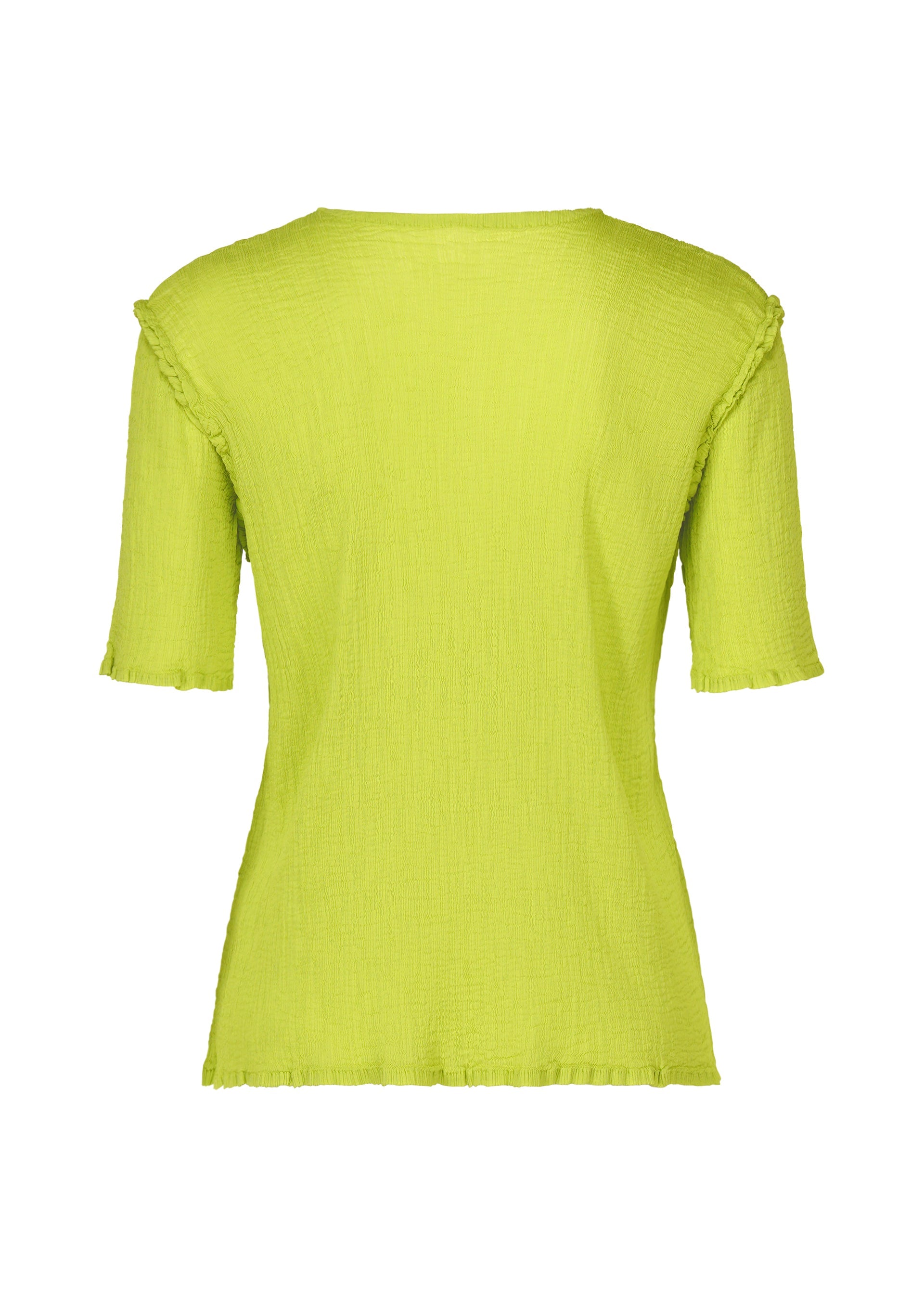 Zoomed view Back view of the SEE-THROUGH CREPE COLOR women's top by me ISSEY MIYAKE in bright lime green, featuring short sleeves, textured product-dyed fabric, and subtle ruffled edges, displayed on a plain white background.