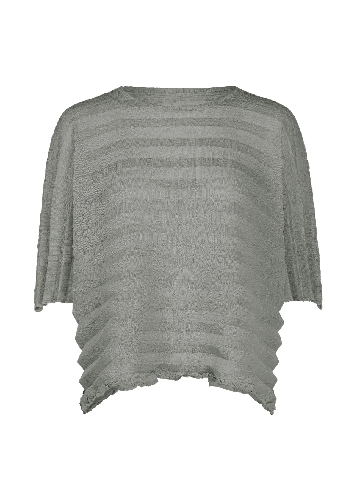 Here’s a revised sentence using the provided product data: The ACCORDION SEE-THROUGH CREPE by me ISSEY MIYAKE is a light gray, loose-fitting women’s top made from garment-dyed fabric, showcasing textured horizontal stripes, elbow-length sleeves, and an uneven hem. view 1 of 7