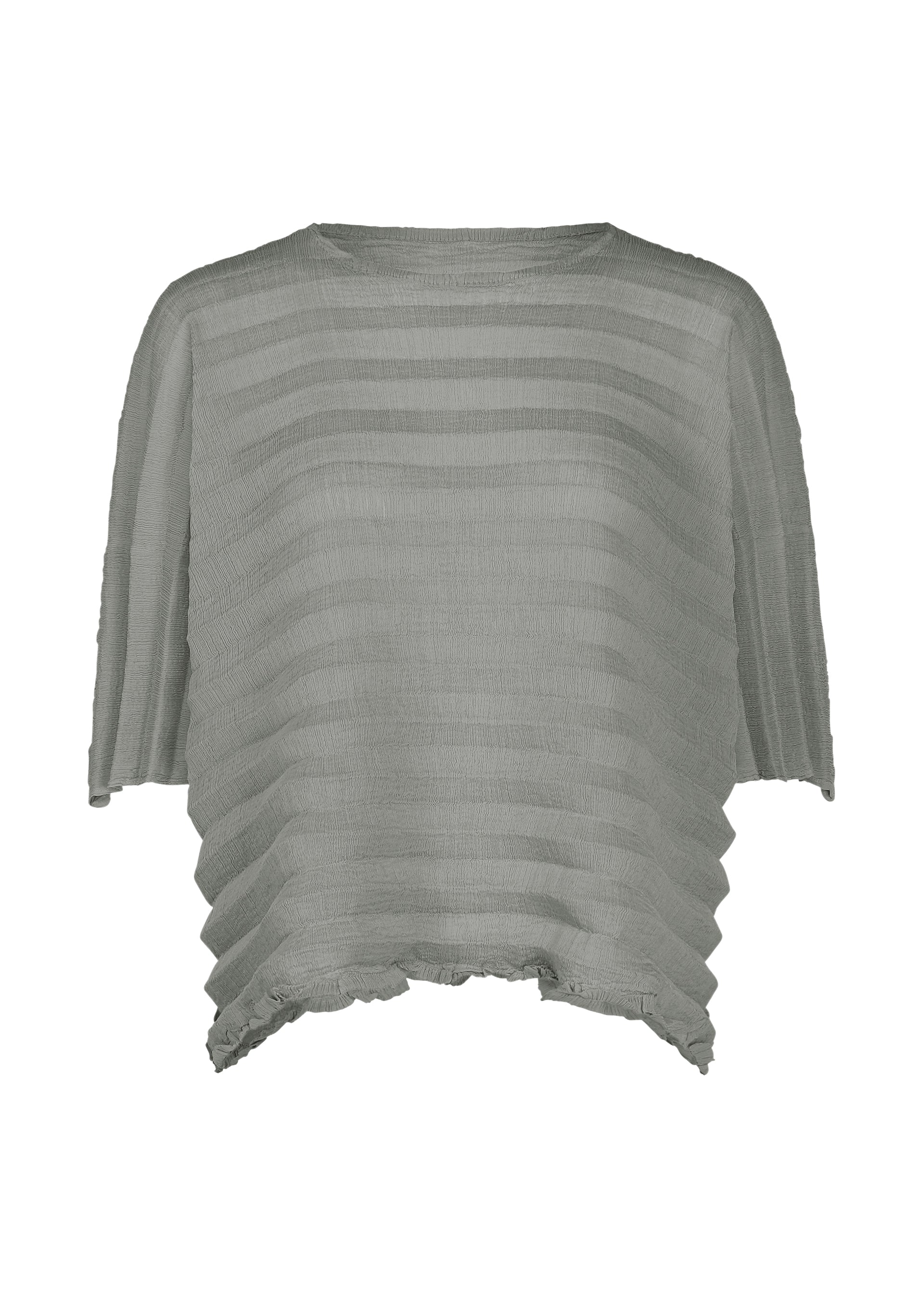 Zoomed view Here’s a revised sentence using the provided product data: The ACCORDION SEE-THROUGH CREPE by me ISSEY MIYAKE is a light gray, loose-fitting women’s top made from garment-dyed fabric, showcasing textured horizontal stripes, elbow-length sleeves, and an uneven hem. - GRAY （no.12）