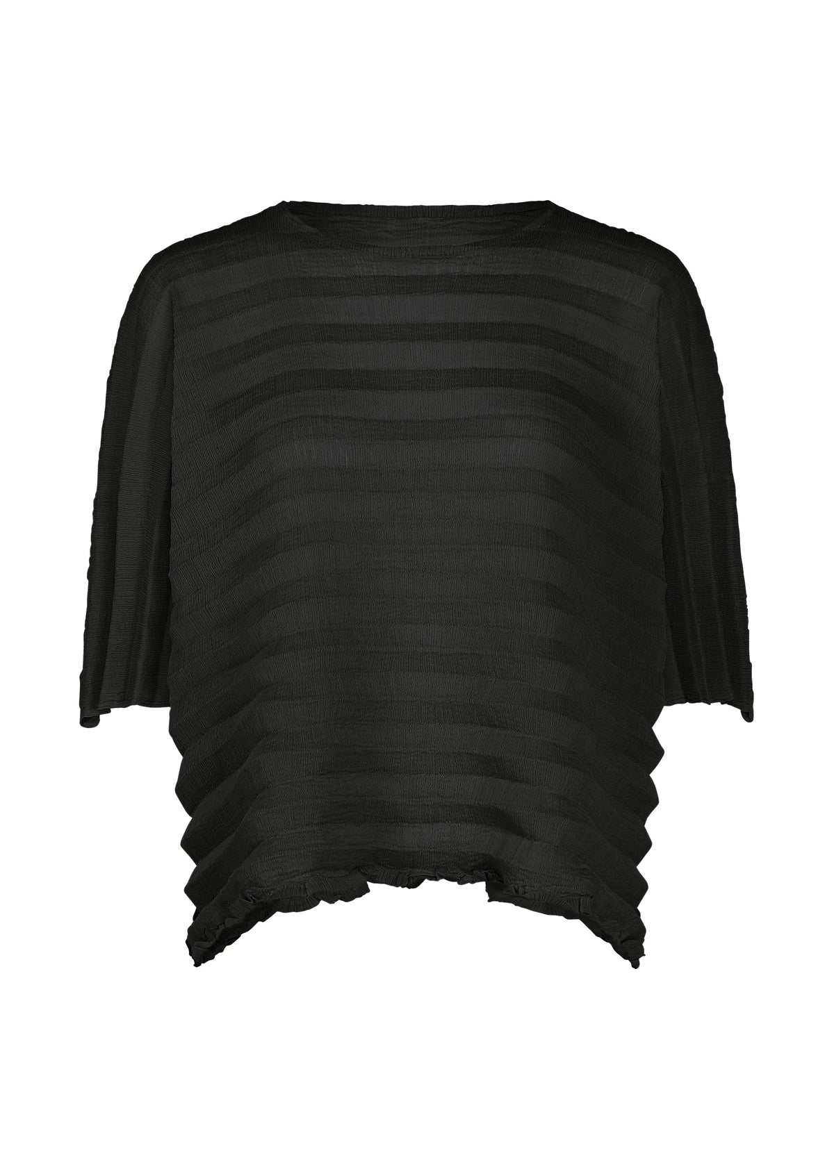 The ACCORDION SEE-THROUGH CREPE top by me ISSEY MIYAKE is a loose-fitting black blouse featuring horizontal textured stripes, half sleeves, and a wavy hem. Made from garment-dyed fabric with intricate accordion hand pleating, this lightweight piece has a slightly sheer appearance, reminiscent of crepe, and is shown against a plain white background. view 2 of 7