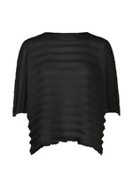The ACCORDION SEE-THROUGH CREPE top by me ISSEY MIYAKE is a loose-fitting black blouse featuring horizontal textured stripes, half sleeves, and a wavy hem. Made from garment-dyed fabric with intricate accordion hand pleating, this lightweight piece has a slightly sheer appearance, reminiscent of crepe, and is shown against a plain white background. - BLACK （no.15）