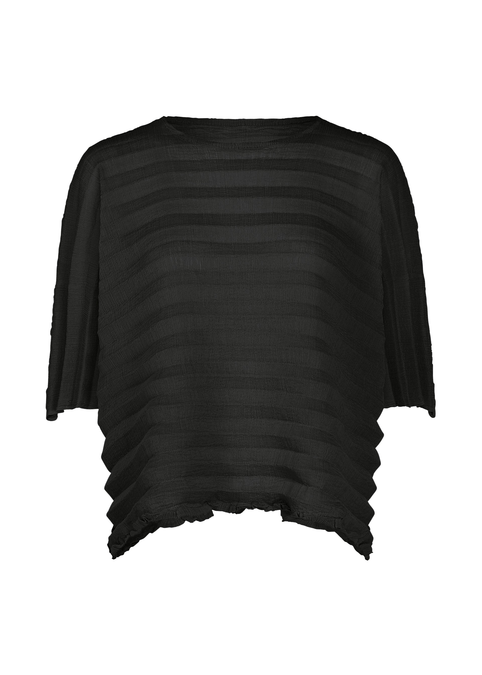 Zoomed view The ACCORDION SEE-THROUGH CREPE top by me ISSEY MIYAKE is a loose-fitting black blouse featuring horizontal textured stripes, half sleeves, and a wavy hem. Made from garment-dyed fabric with intricate accordion hand pleating, this lightweight piece has a slightly sheer appearance, reminiscent of crepe, and is shown against a plain white background. - BLACK （no.15）