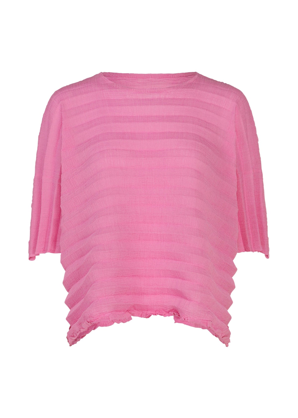 The ACCORDION SEE-THROUGH CREPE by me ISSEY MIYAKE is a loose-fitting, short-sleeved top made from textured pink crepe with horizontal stripes and a slightly ruffled hem. Crafted using garment-dye techniques, this airy piece offers subtle style and comfortable wear. view 3 of 7