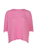 The ACCORDION SEE-THROUGH CREPE by me ISSEY MIYAKE is a loose-fitting, short-sleeved top made from textured pink crepe with horizontal stripes and a slightly ruffled hem. Crafted using garment-dye techniques, this airy piece offers subtle style and comfortable wear. - ROSE PINK （no.20）