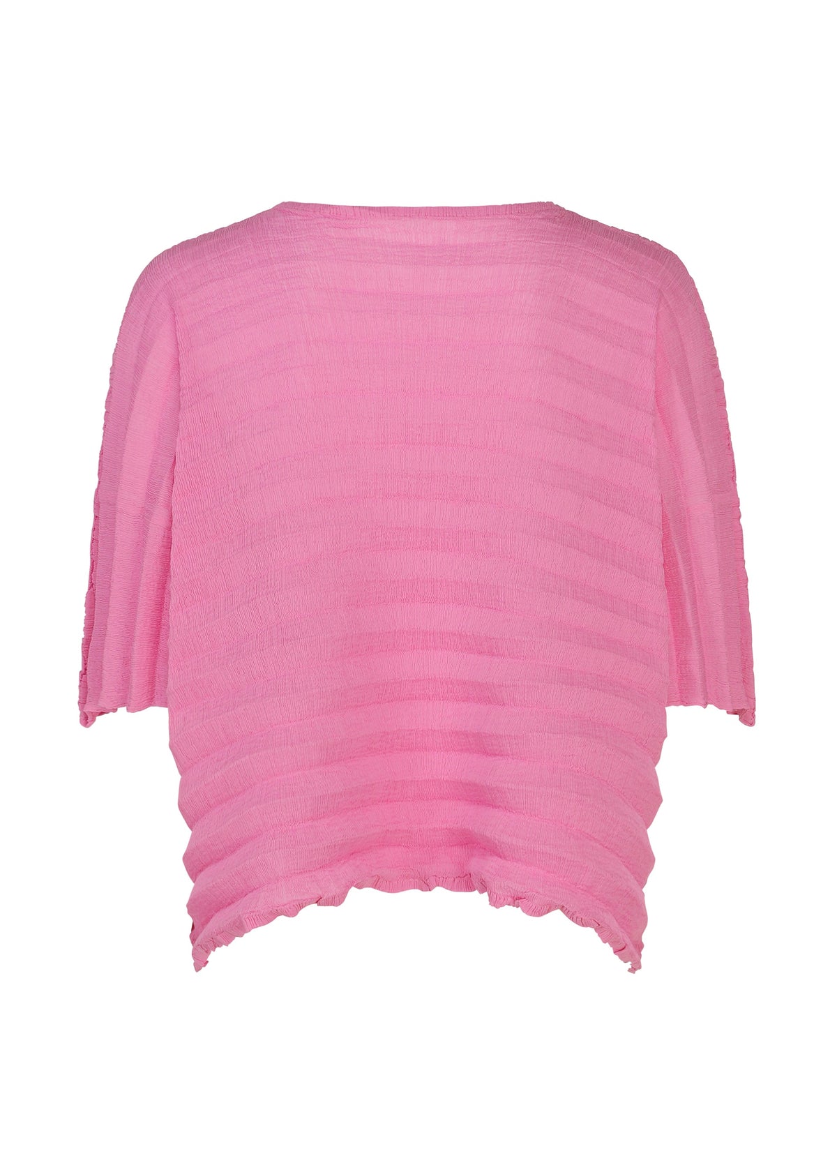 A loose-fitting, short-sleeved ACCORDION SEE-THROUGH CREPE top by me ISSEY MIYAKE, featuring textured pink sheer fabric with horizontal stripes and a wavy hem, shown from the back against a white background. view 4 of 7