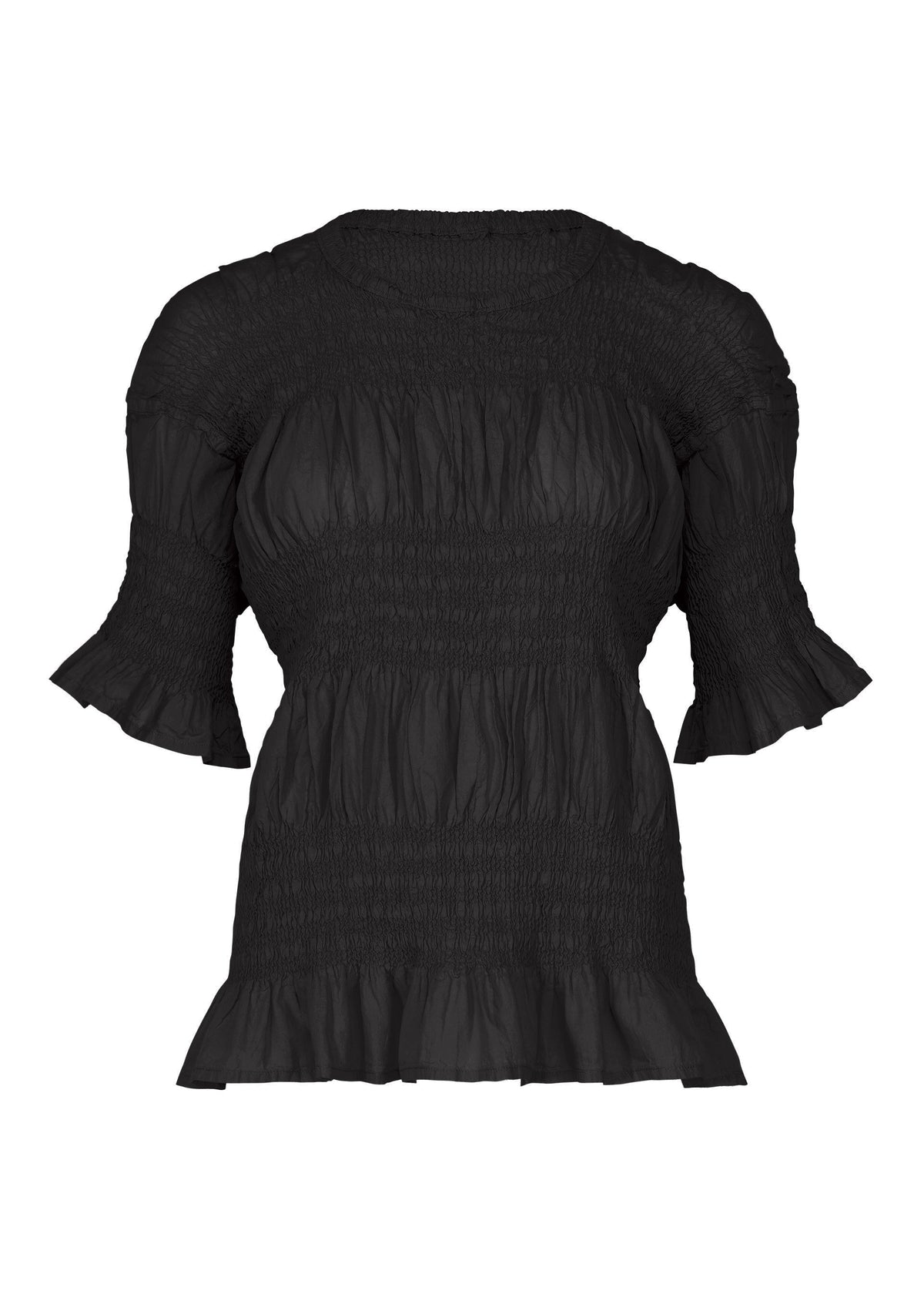 Introducing the SHRINK STRIPE blouse by me ISSEY MIYAKE—a black, short-sleeved top crafted from a textured cotton-blend fabric. Featuring a smocked design with ruffled cuffs and hem, this lightweight piece offers a fitted silhouette that effortlessly blends comfort and style for any occasion. view 1 of 7