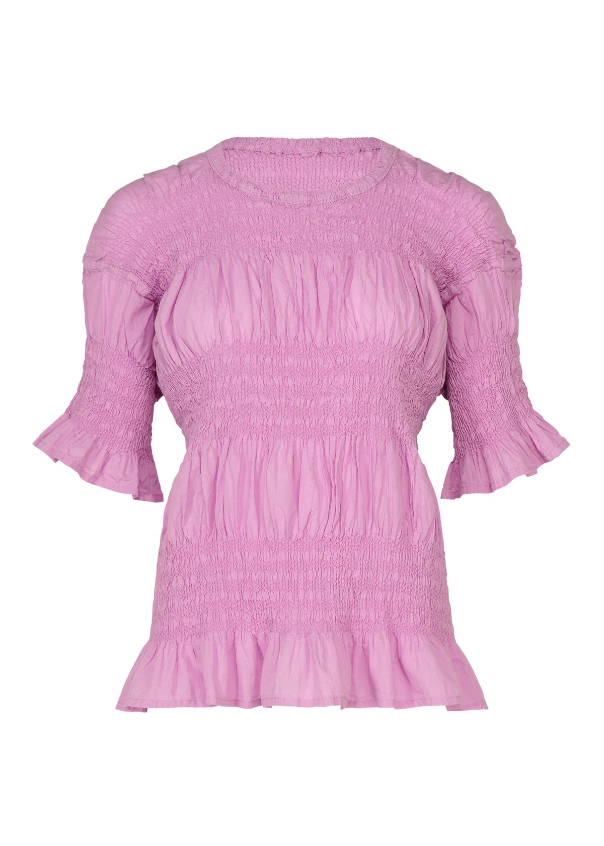 A light purple, short-sleeve SHRINK STRIPE blouse by me ISSEY MIYAKE, crafted from a lightweight cotton-blend fabric with ruched detailing, a ruffled hem, and ruffled sleeve ends, displayed on a white background. view 2 of 7