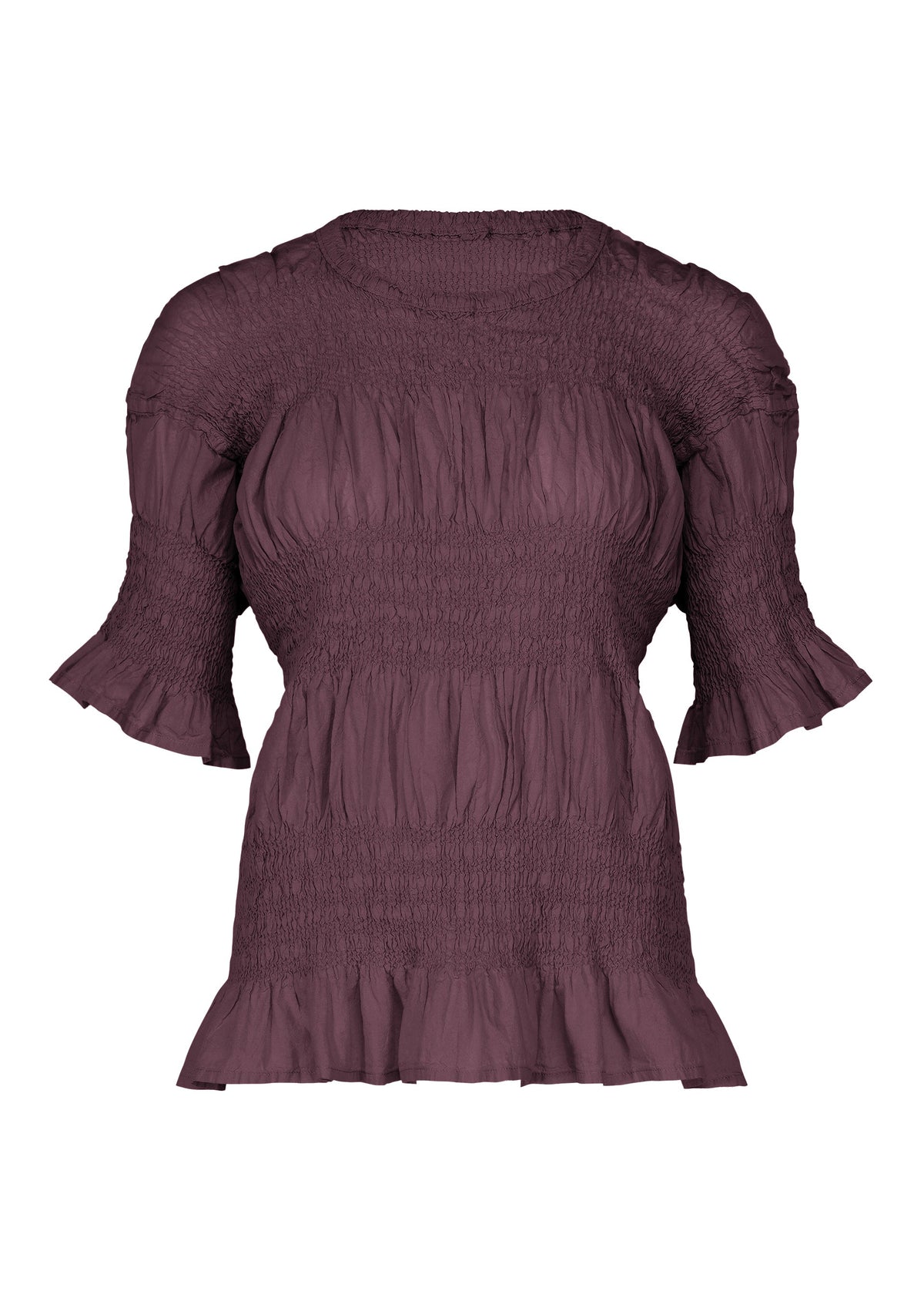 The SHRINK STRIPE blouse by me ISSEY MIYAKE is a mauve, short-sleeved top crafted from a lightweight cotton-blend fabric, featuring smocked detailing with ruffled cuffs and hem, displayed on a white background. view 3 of 7