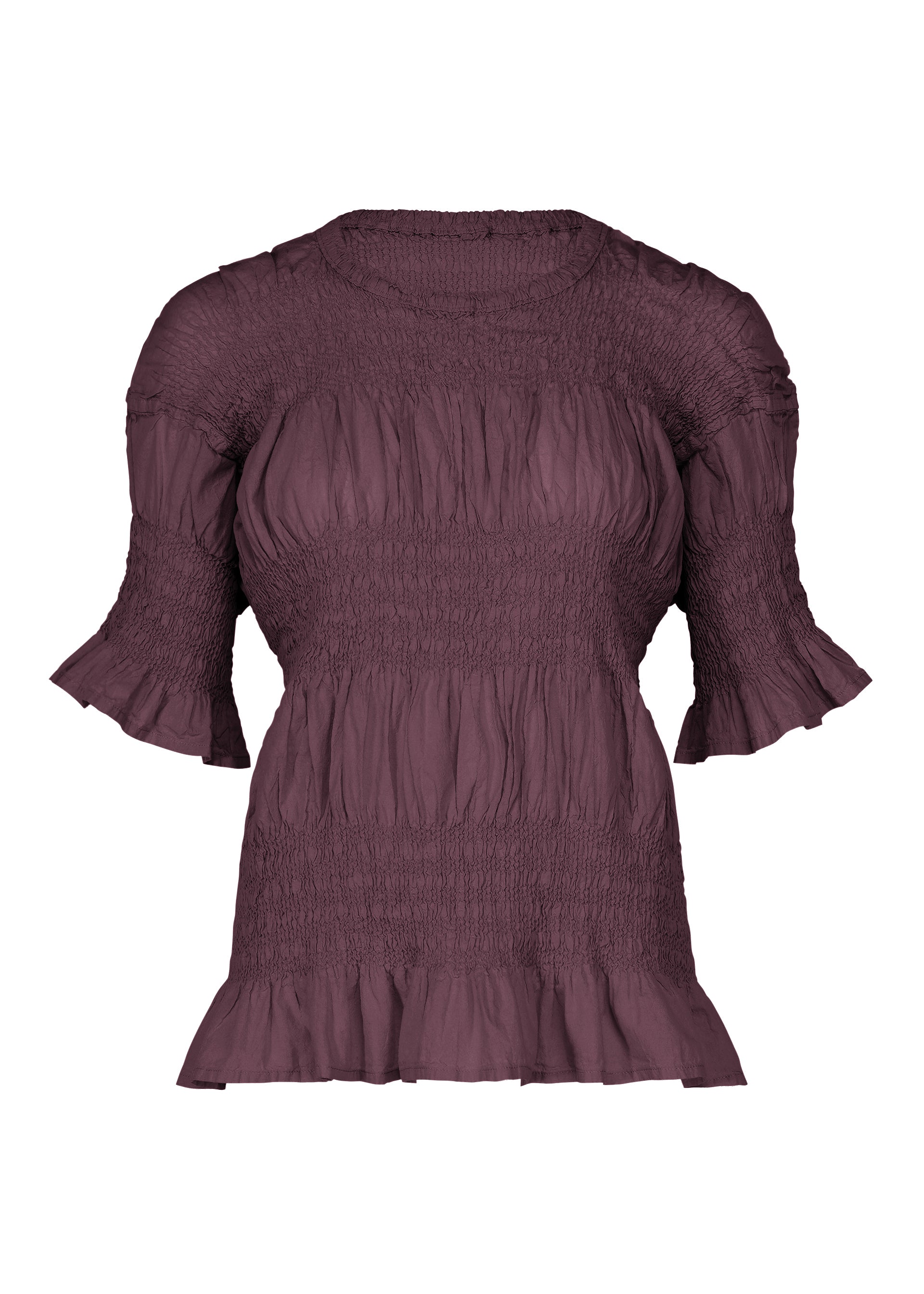 Zoomed view The SHRINK STRIPE blouse by me ISSEY MIYAKE is a mauve, short-sleeved top crafted from a lightweight cotton-blend fabric, featuring smocked detailing with ruffled cuffs and hem, displayed on a white background. - BORDEAUX （no.84）