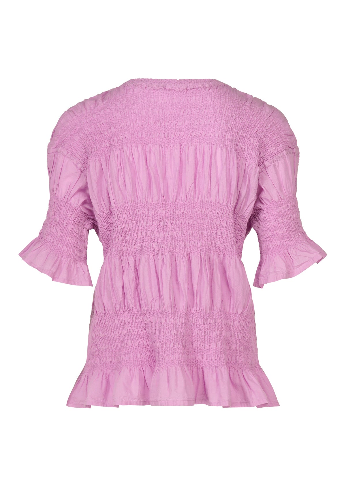 The SHRINK STRIPE blouse by me ISSEY MIYAKE features short ruffled sleeves, a round neckline, and smocked detailing across the bodice for added charm. Crafted from a lightweight, slightly crinkled cotton-blend fabric in light pink, this loose and flowy top is perfect for effortless style. view 4 of 7
