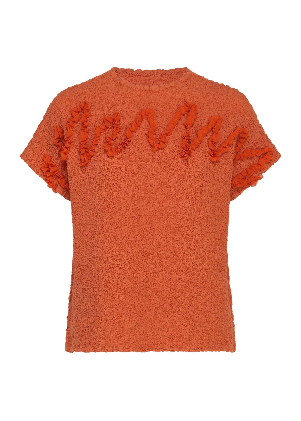 The LEAF TULLE CAULIFLOWER top by me ISSEY MIYAKE is an orange cotton short-sleeved piece featuring a relaxed square silhouette, highlighted with a ruffled zigzag pattern and delicate tulle tape embroidery across the front and sleeves. view 1 of 7