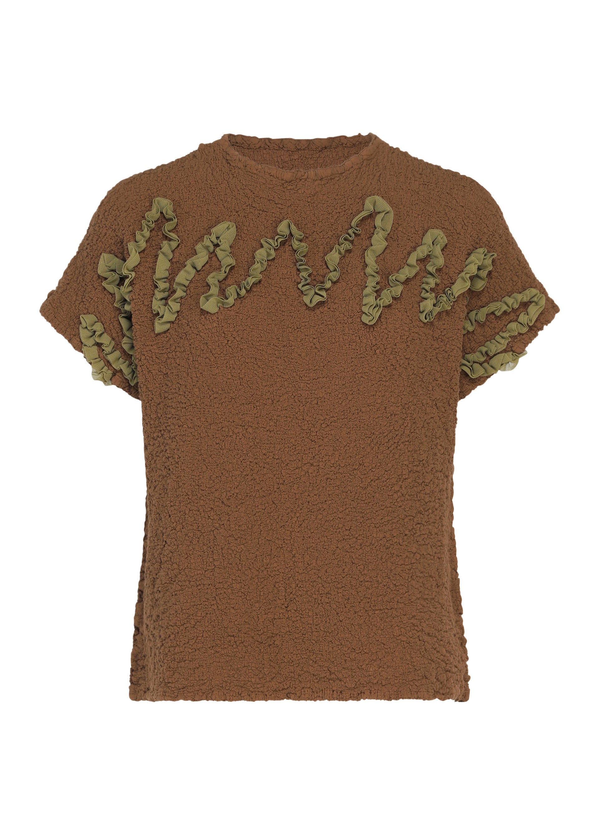 Zoomed view The LEAF TULLE CAULIFLOWER top by me ISSEY MIYAKE is a brown cotton, short-sleeved piece with green ruffled trim in a wavy design across the front and sleeves, highlighted by intricate tulle tape embroidery that accentuates its relaxed square silhouette. - BROWN （no.44）