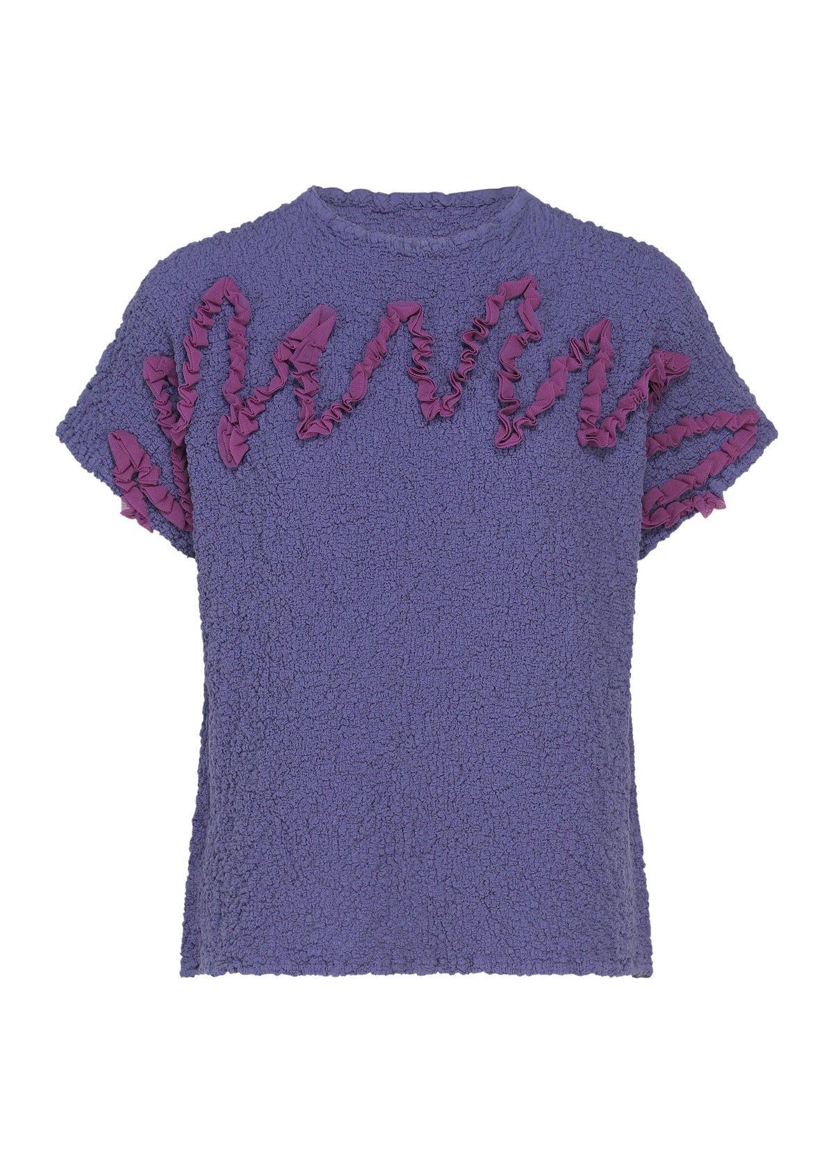 The LEAF TULLE CAULIFLOWER top by me ISSEY MIYAKE is a short-sleeve purple cotton piece showcasing a relaxed square silhouette, with pink ruffled trim creating a wavy design along the front and sleeves, accented by delicate tulle tape embroidery for extra texture. view 3 of 7