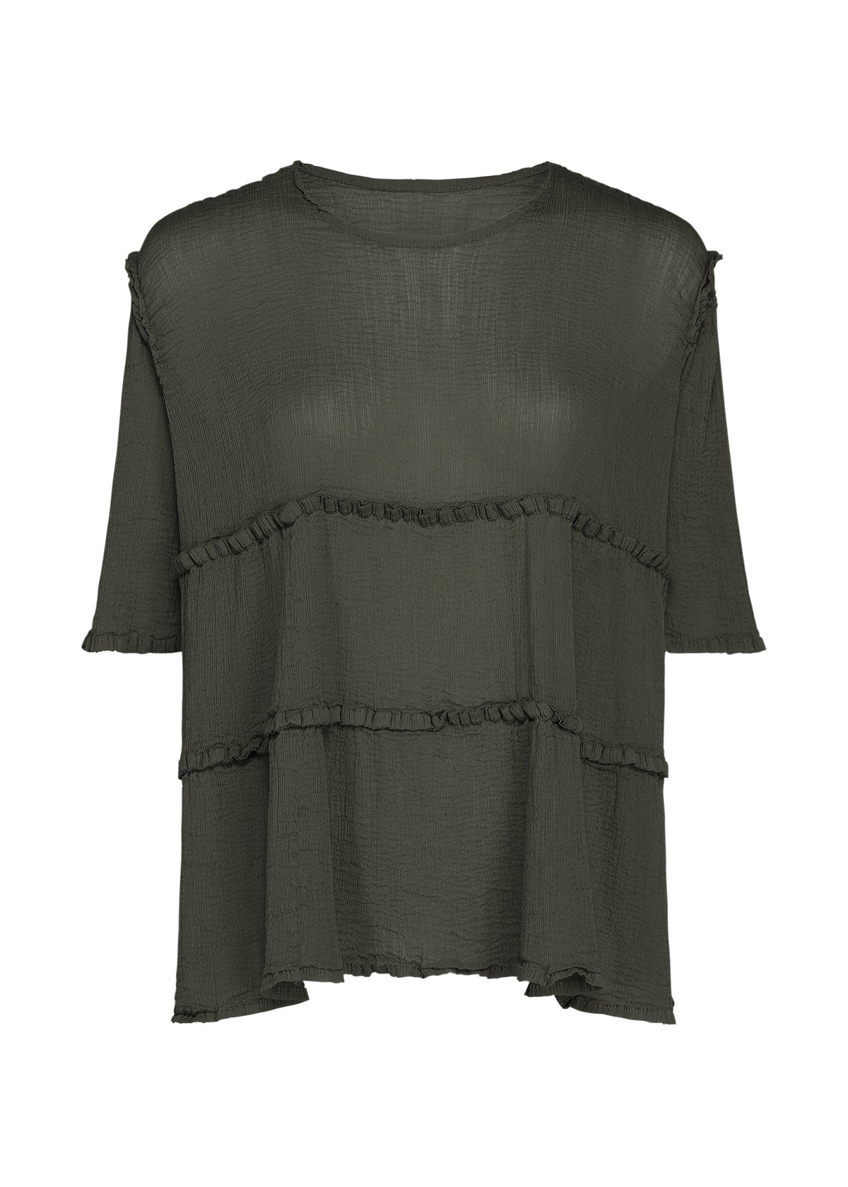 The FLARE SEE-THROUGH CREPE blouse by me ISSEY MIYAKE features a dark olive green hue and is crafted from upcycled, naturally dyed textured fabric. This short-sleeve top offers a loose fit with a round neckline, two horizontal ruffle details across the front, and a slightly asymmetrical hem for added flair. view 1 of 7