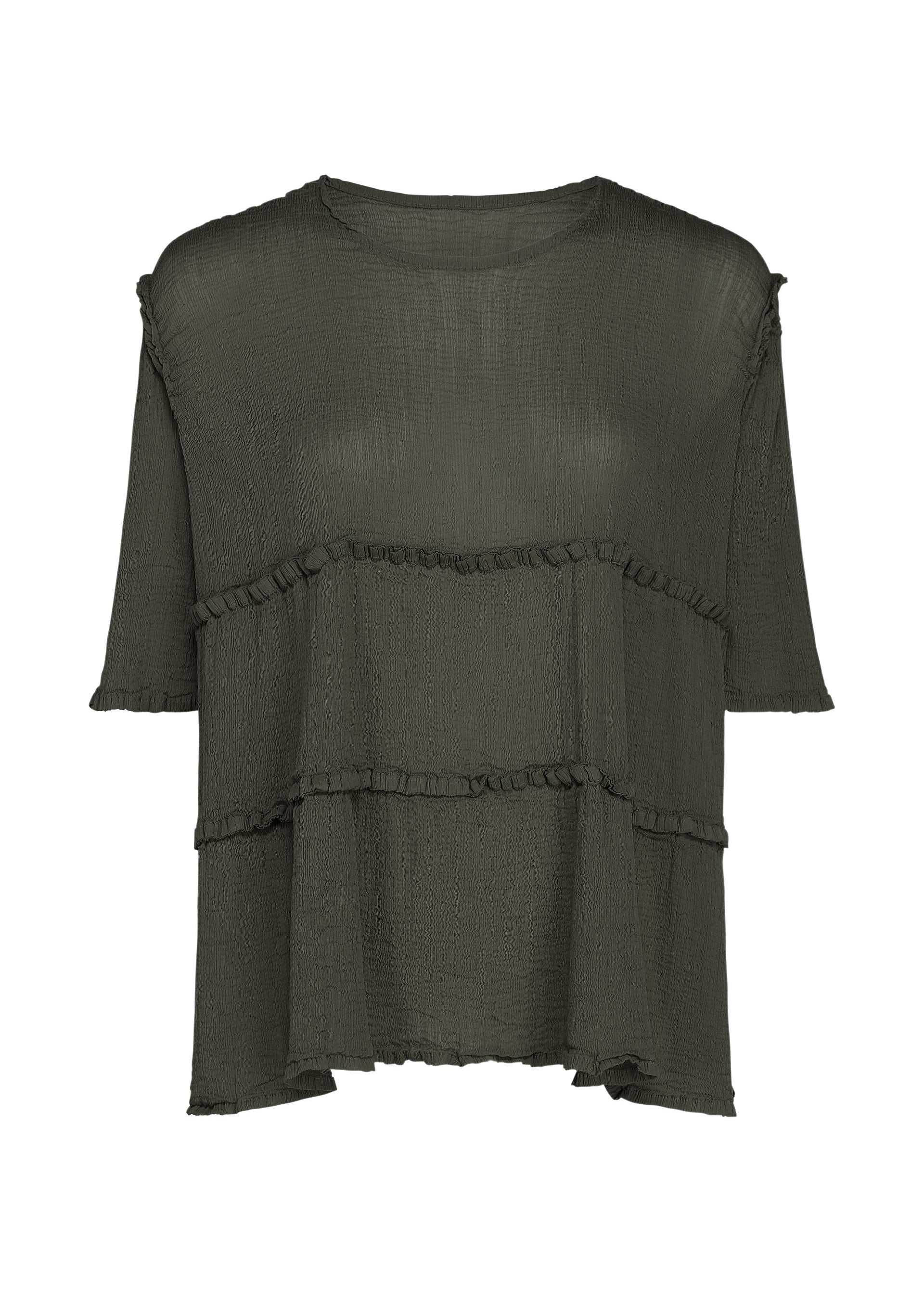 Zoomed view The FLARE SEE-THROUGH CREPE blouse by me ISSEY MIYAKE features a dark olive green hue and is crafted from upcycled, naturally dyed textured fabric. This short-sleeve top offers a loose fit with a round neckline, two horizontal ruffle details across the front, and a slightly asymmetrical hem for added flair. - CHARCOAL （no.14）