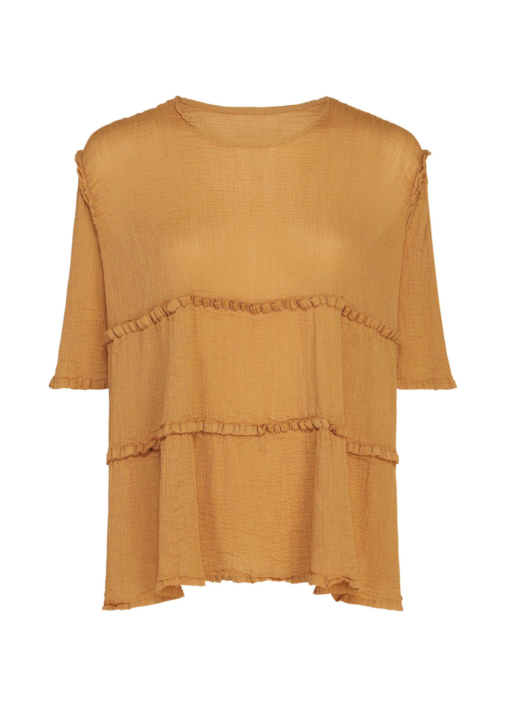 Zoomed view The FLARE SEE-THROUGH CREPE by me ISSEY MIYAKE is a loose, mustard-yellow short-sleeved shirt crafted from lightweight, textured crepe. It features a round neckline, two horizontal ruffled seams across the front, and a slightly flared, layered hem—expertly made from upcycled natural dye for an eco-conscious finish. - ONION BROWN （no.46）