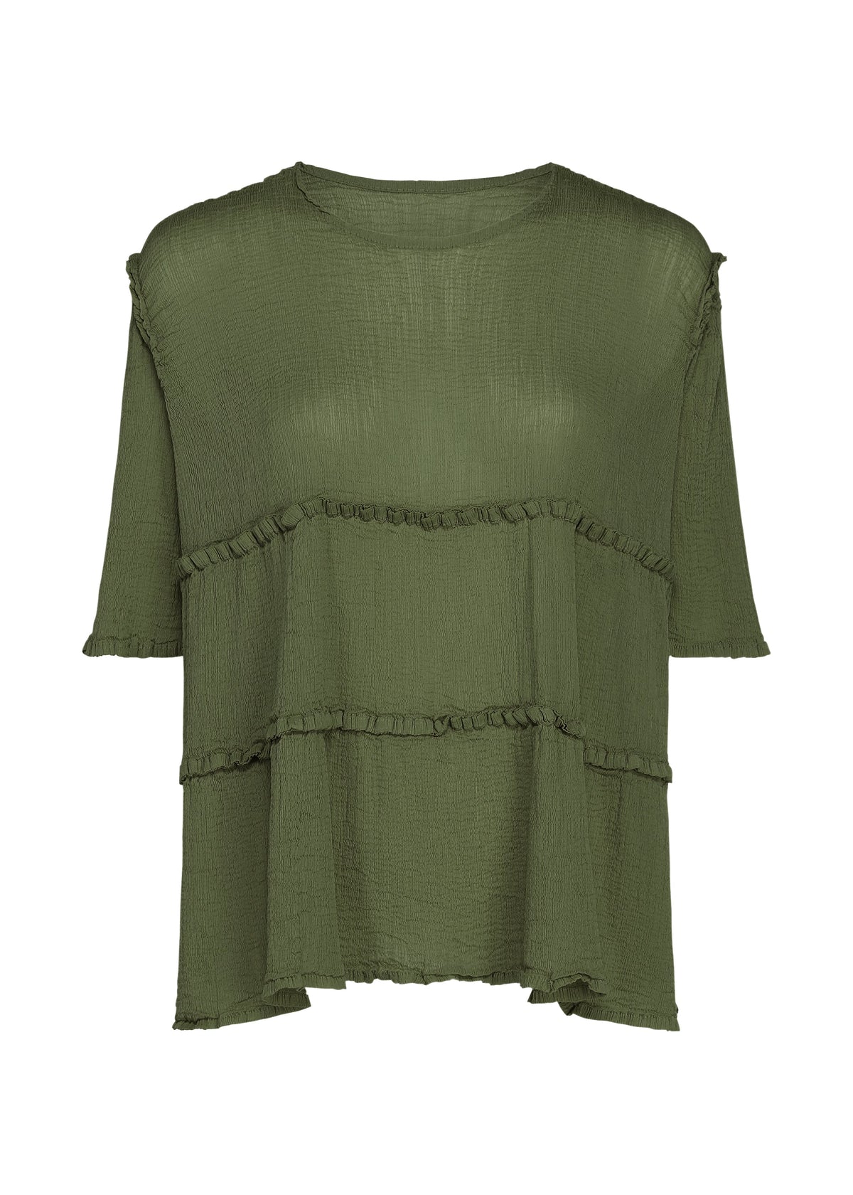 The FLARE SEE-THROUGH CREPE blouse by me ISSEY MIYAKE features an olive green hue and short sleeves, designed in a loose fit with textured fabric. Two horizontal ruffled seams create a layered effect across the front, combining style and sustainability in this upcycled, naturally dyed piece—an ideal choice for the mindful wardrobe. view 3 of 7