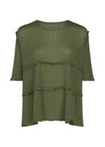 The FLARE SEE-THROUGH CREPE blouse by me ISSEY MIYAKE features an olive green hue and short sleeves, designed in a loose fit with textured fabric. Two horizontal ruffled seams create a layered effect across the front, combining style and sustainability in this upcycled, naturally dyed piece—an ideal choice for the mindful wardrobe. - OLIVE GREEN （no.66）