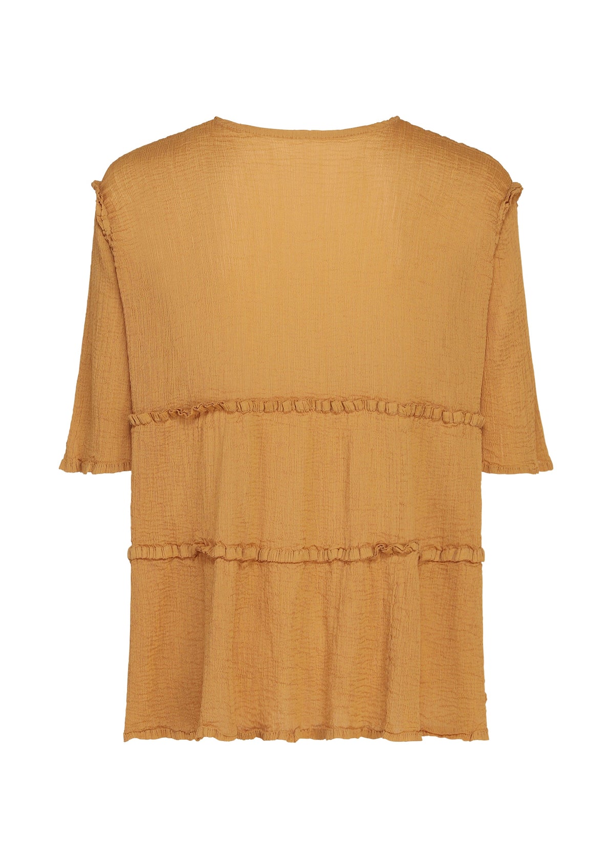 The FLARE SEE-THROUGH CREPE by me ISSEY MIYAKE is a yellowish-brown, short-sleeved blouse made from textured crepe fabric, featuring a loose fit and two horizontal ruffle details across the back. Crafted using upcycled natural dye, this shirt has a clean design with no visible buttons or additional embellishments. view 4 of 7