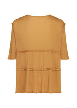 The FLARE SEE-THROUGH CREPE by me ISSEY MIYAKE is a yellowish-brown, short-sleeved blouse made from textured crepe fabric, featuring a loose fit and two horizontal ruffle details across the back. Crafted using upcycled natural dye, this shirt has a clean design with no visible buttons or additional embellishments.