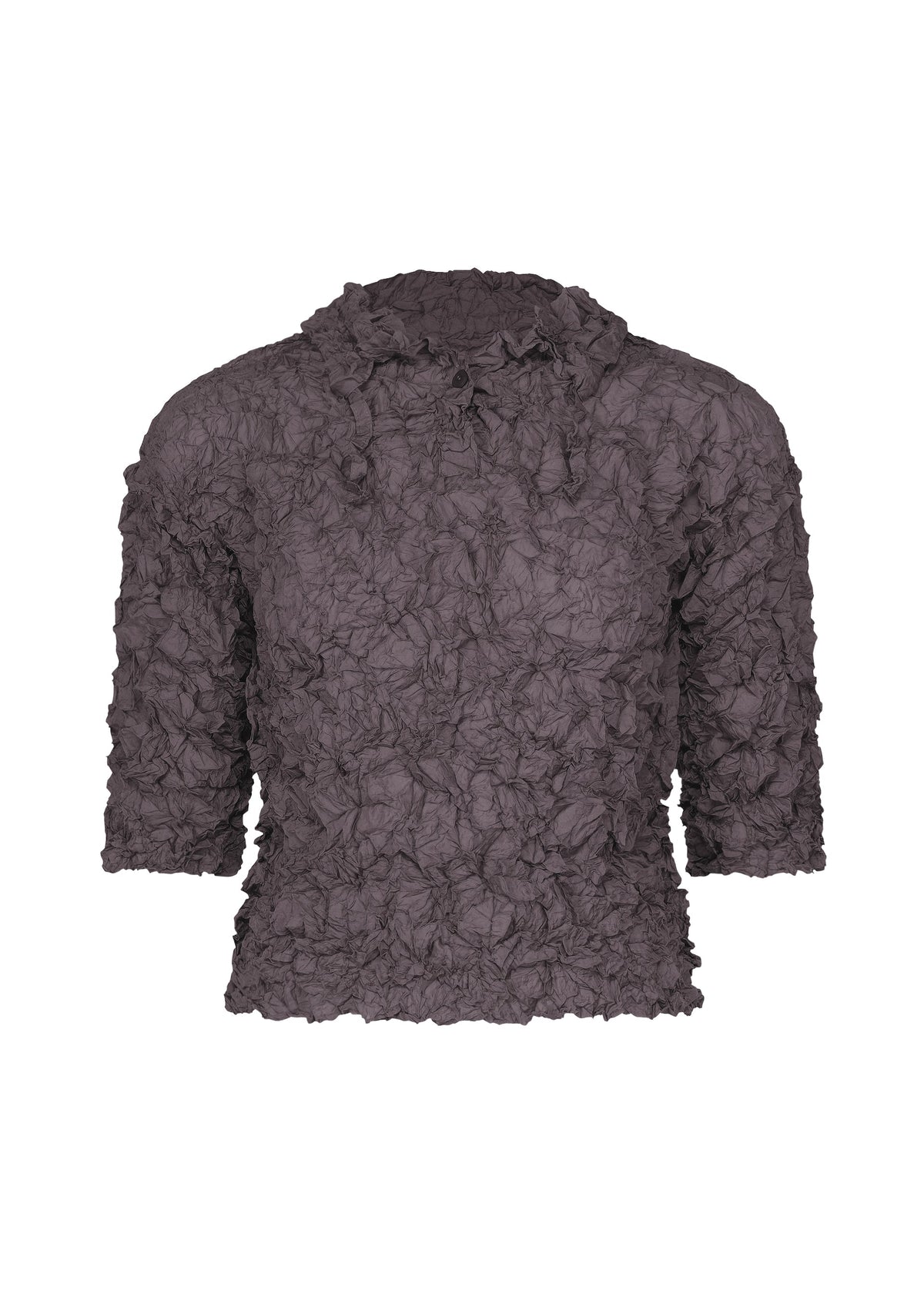 The MERINGUE TOP by me ISSEY MIYAKE is a textured, dark gray, short-sleeve crushed pleat top with a ruffled pattern, shown on a white background. view 1 of 9