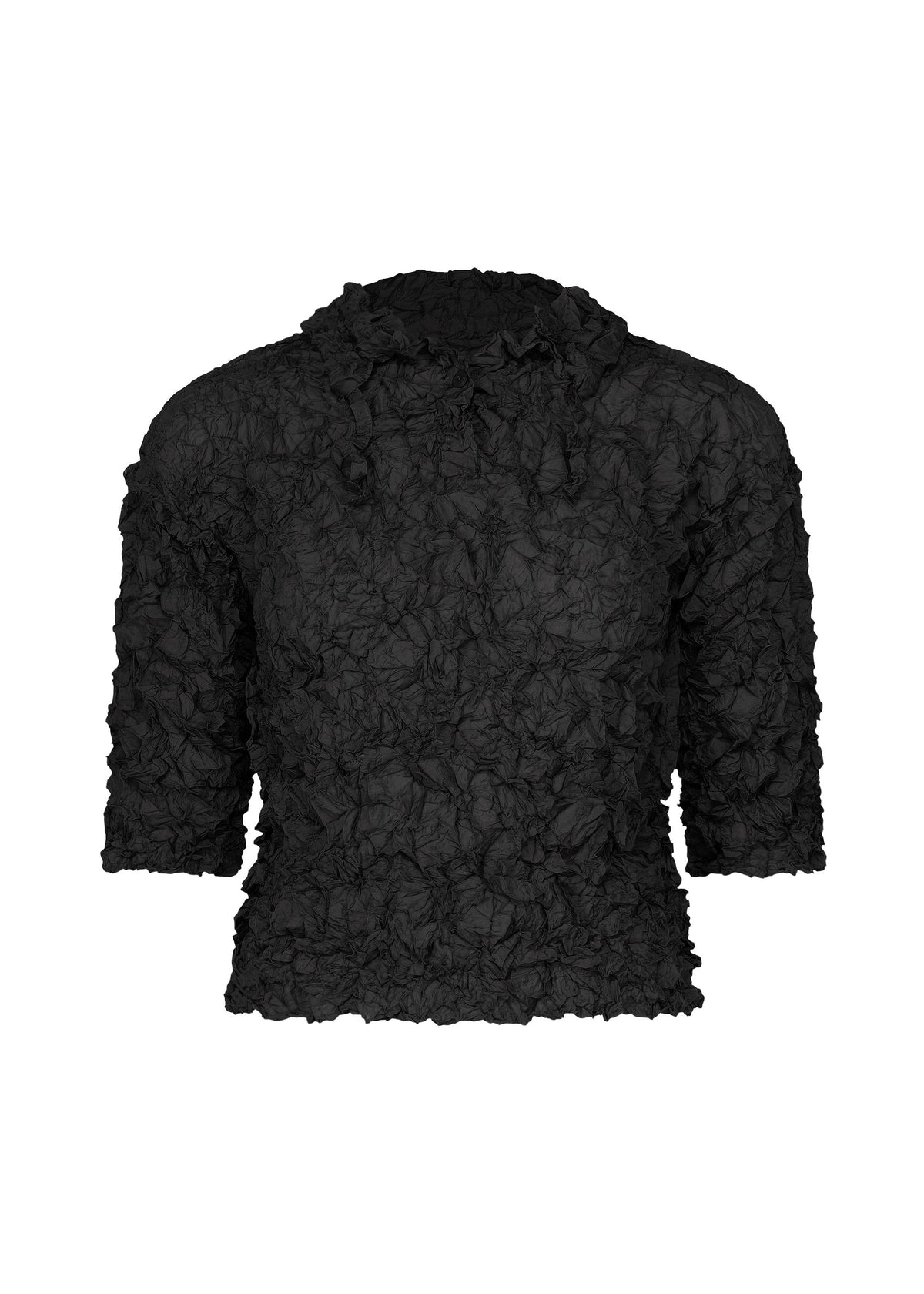The MERINGUE TOP by me ISSEY MIYAKE is a black, crushed-pleat top with a high collar, three-quarter sleeves, and an all-over crinkled floral-texture. view 2 of 9