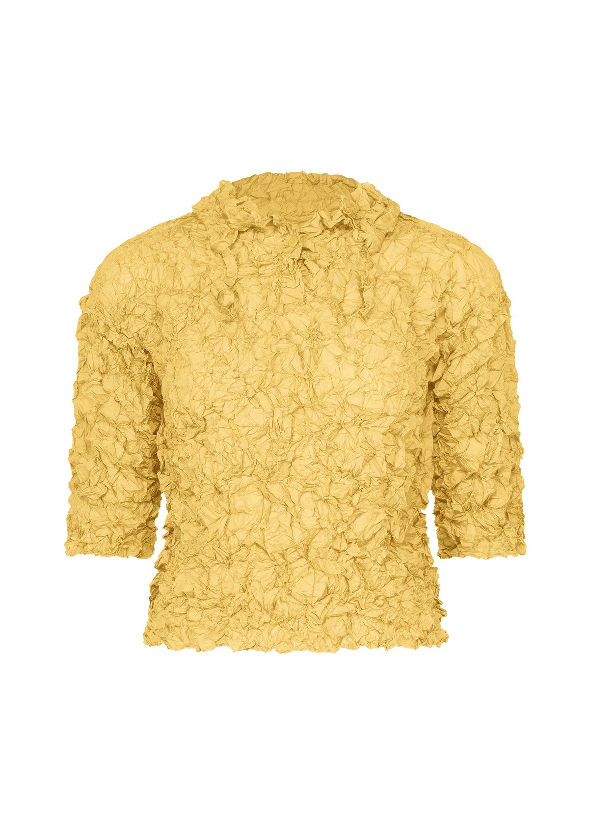 The MERINGUE TOP by me ISSEY MIYAKE features a yellow crushed pleat texture, crinkled floral pattern, short sleeves, and a high neckline. view 3 of 9