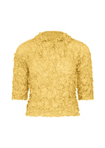 The MERINGUE TOP by me ISSEY MIYAKE features a yellow crushed pleat texture, crinkled floral pattern, short sleeves, and a high neckline. - CREAM YELLOW （no.50）