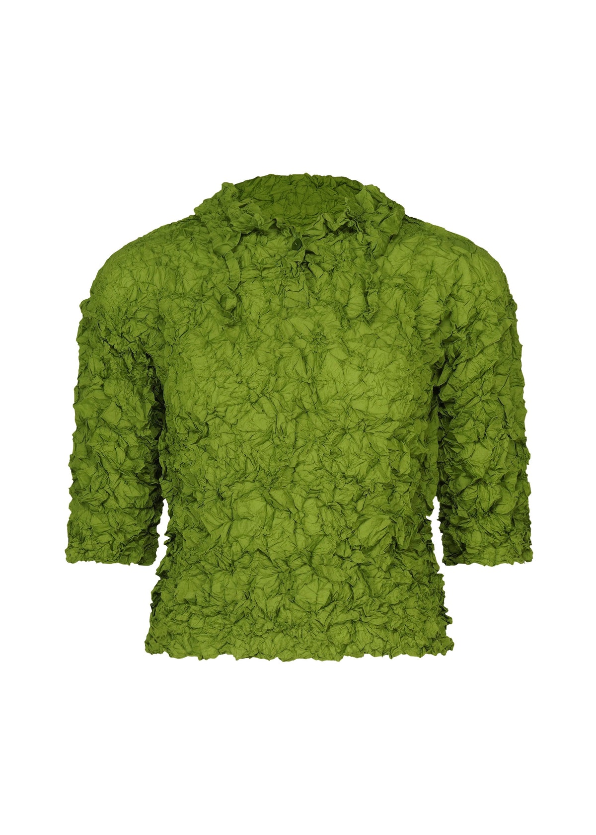 The MERINGUE TOP by me ISSEY MIYAKE features a vivid green crushed pleat texture with ruffles and three-quarter sleeves for a chic, stylish look. view 4 of 9