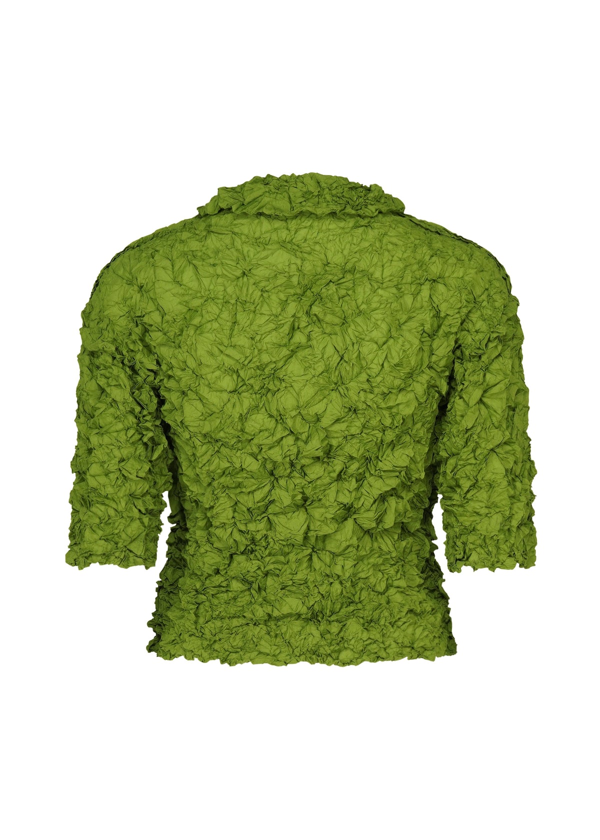 The MERINGUE TOP by me ISSEY MIYAKE features green crushed pleat fabric, a ruched texture, three-quarter sleeves, and is pictured from the back. view 5 of 9
