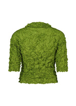 The MERINGUE TOP by me ISSEY MIYAKE features green crushed pleat fabric, a ruched texture, three-quarter sleeves, and is pictured from the back.