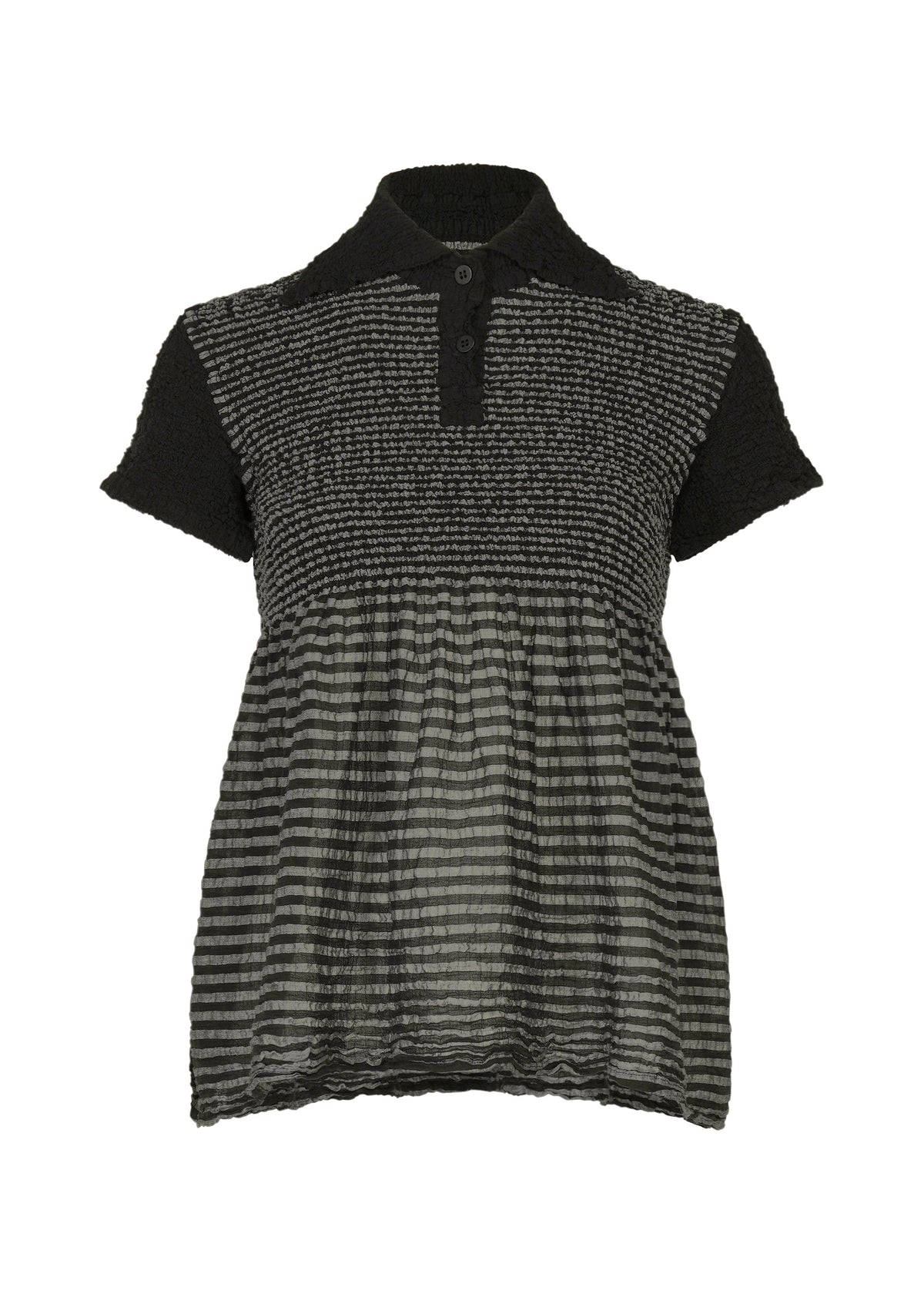The STRIPE CAULIFLOWER blouse by me ISSEY MIYAKE is a short-sleeve, black and gray striped top crafted from soft, sheer fabric, featuring a textured, smocked upper section reminiscent of a cauliflower top, with a buttoned collar and a loose-fitting semi-transparent lower half. view 1 of 7