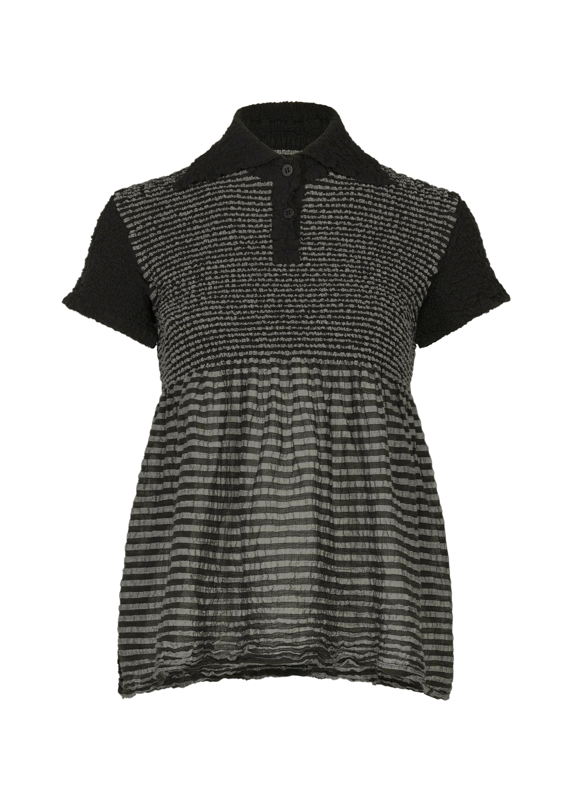 Zoomed view The STRIPE CAULIFLOWER blouse by me ISSEY MIYAKE is a short-sleeve, black and gray striped top crafted from soft, sheer fabric, featuring a textured, smocked upper section reminiscent of a cauliflower top, with a buttoned collar and a loose-fitting semi-transparent lower half. - BLACK-HUED （no.19）