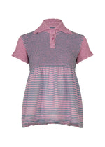 The STRIPE CAULIFLOWER blouse by me ISSEY MIYAKE features short sleeves and a collar, crafted from soft cotton. The top showcases a textured pink cauliflower design with chest buttons, complemented by a semi-sheer purple and pink striped fabric on the lower half. - PINK-HUED （no.27）