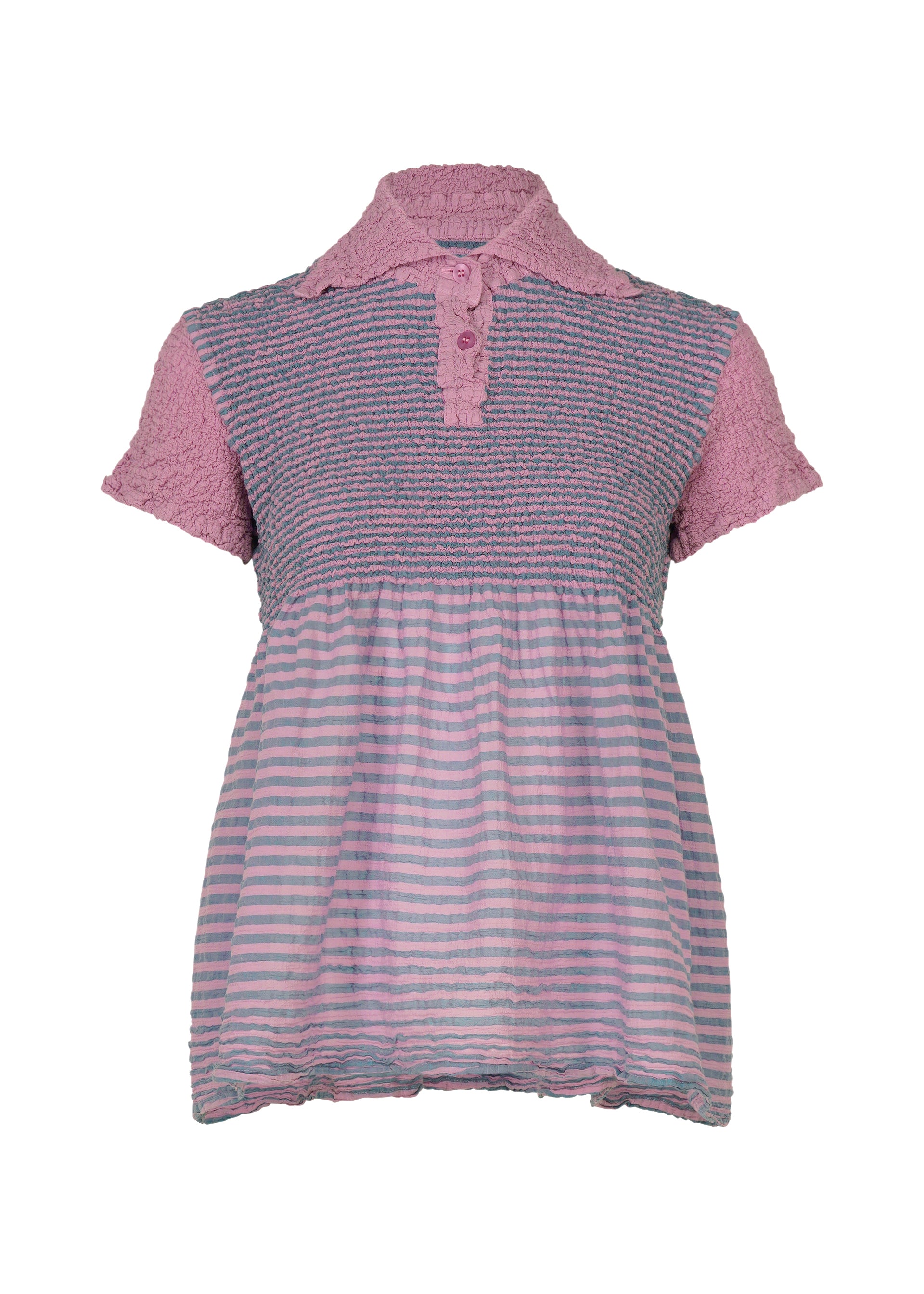 Zoomed view The STRIPE CAULIFLOWER blouse by me ISSEY MIYAKE features short sleeves and a collar, crafted from soft cotton. The top showcases a textured pink cauliflower design with chest buttons, complemented by a semi-sheer purple and pink striped fabric on the lower half. - PINK-HUED （no.27）
