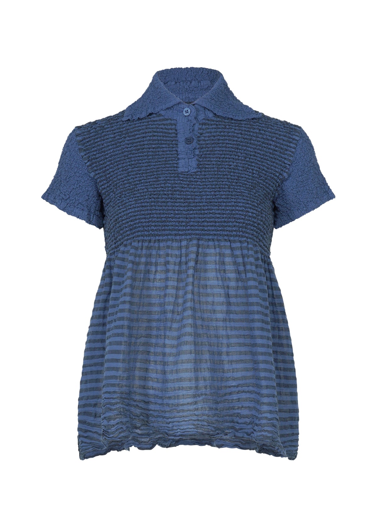 STRIPE CAULIFLOWER by me ISSEY MIYAKE: a short-sleeved blue blouse in striped fabric, featuring a smart collar, buttoned placket, and a semi-sheer lower half for a breezy, textured finish. view 3 of 7