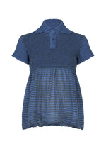 STRIPE CAULIFLOWER by me ISSEY MIYAKE: a short-sleeved blue blouse in striped fabric, featuring a smart collar, buttoned placket, and a semi-sheer lower half for a breezy, textured finish. - BLUE-HUED （no.78）