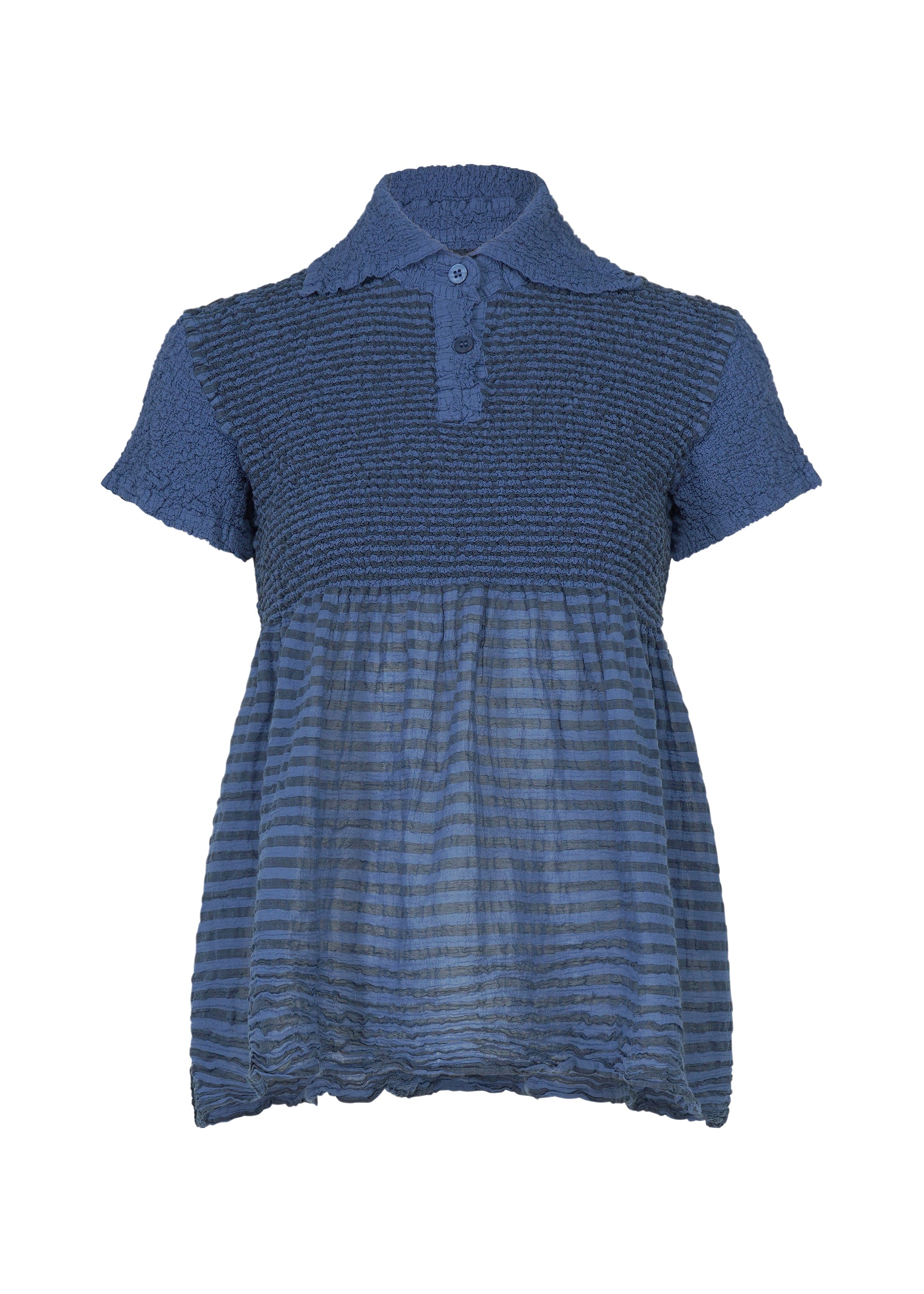 Zoomed view STRIPE CAULIFLOWER by me ISSEY MIYAKE: a short-sleeved blue blouse in striped fabric, featuring a smart collar, buttoned placket, and a semi-sheer lower half for a breezy, textured finish. - BLUE-HUED （no.78）