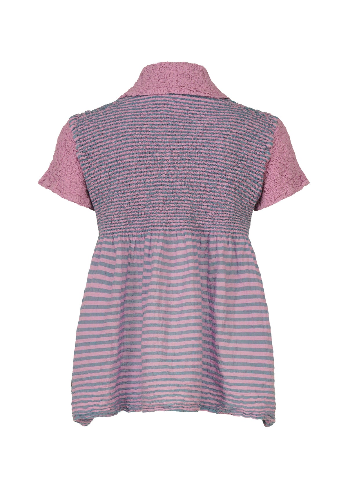 Back view of the “STRIPE CAULIFLOWER” top by me ISSEY MIYAKE, crafted in cotton with textured pink short sleeves and upper back, contrasted by a loose-fitting, pink and blue striped fabric on the lower half. view 4 of 7