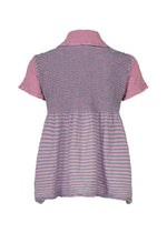 Back view of the “STRIPE CAULIFLOWER” top by me ISSEY MIYAKE, crafted in cotton with textured pink short sleeves and upper back, contrasted by a loose-fitting, pink and blue striped fabric on the lower half.