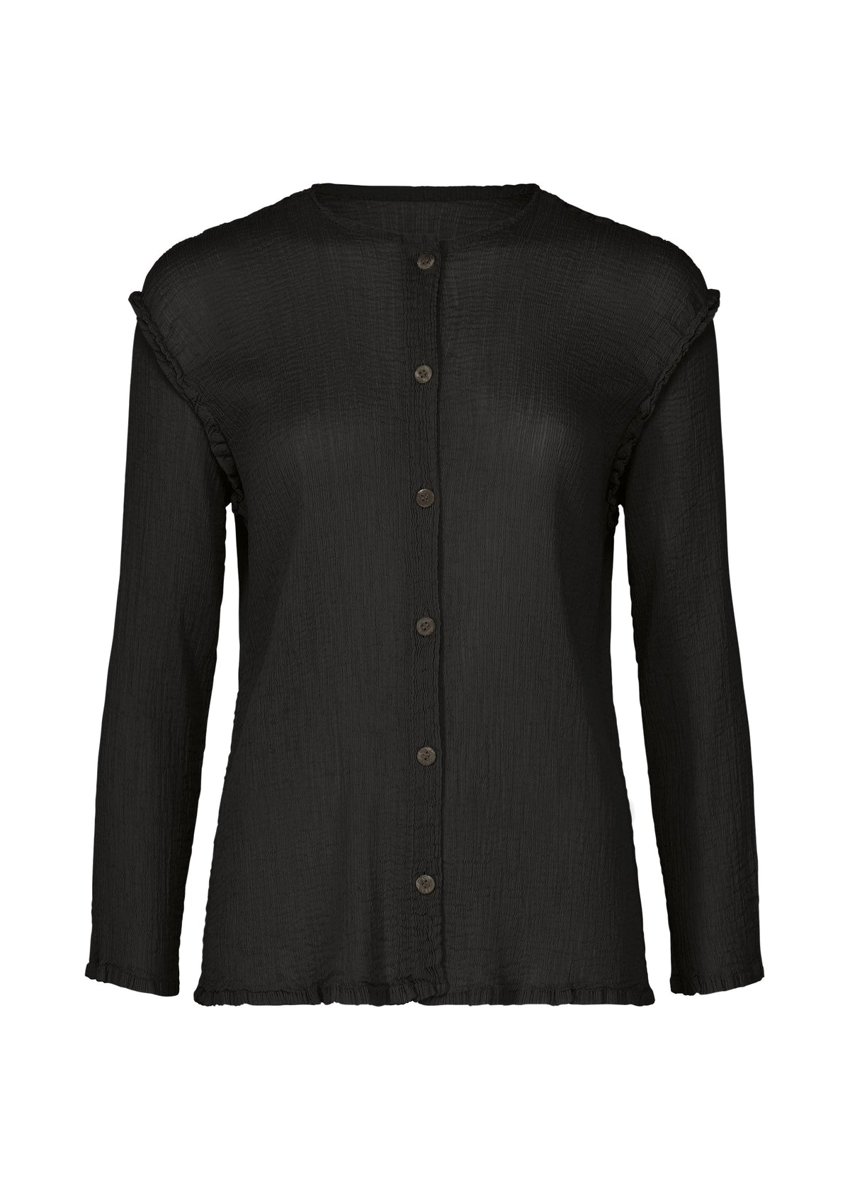 The SEE-THROUGH CREPE COLOR by me ISSEY MIYAKE is a black, long-sleeved button-up blouse with a round neckline, subtle texture, and ruffle details at the shoulders and hem for refined charm. view 1 of 7