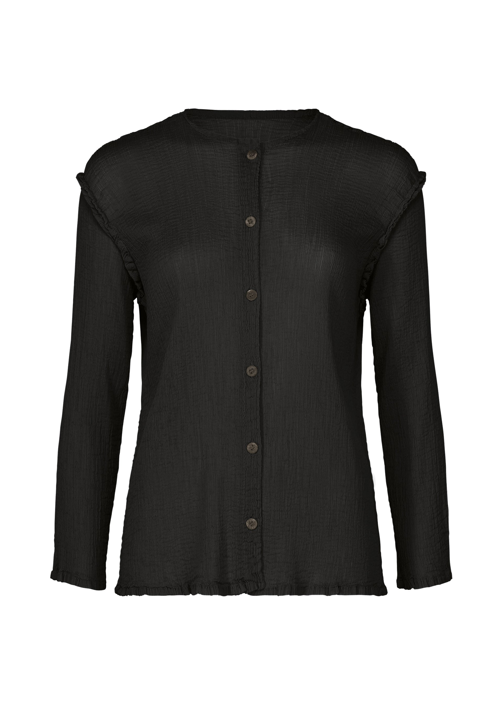 Zoomed view The SEE-THROUGH CREPE COLOR by me ISSEY MIYAKE is a black, long-sleeved button-up blouse with a round neckline, subtle texture, and ruffle details at the shoulders and hem for refined charm. - BLACK （no.15）