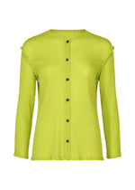 The SEE-THROUGH CREPE COLOR by me ISSEY MIYAKE is a long-sleeved, lime green blouse with a round neckline, black front buttons, and subtle ruffle accents at the shoulders and hem. - LIME YELLOW （no.51）