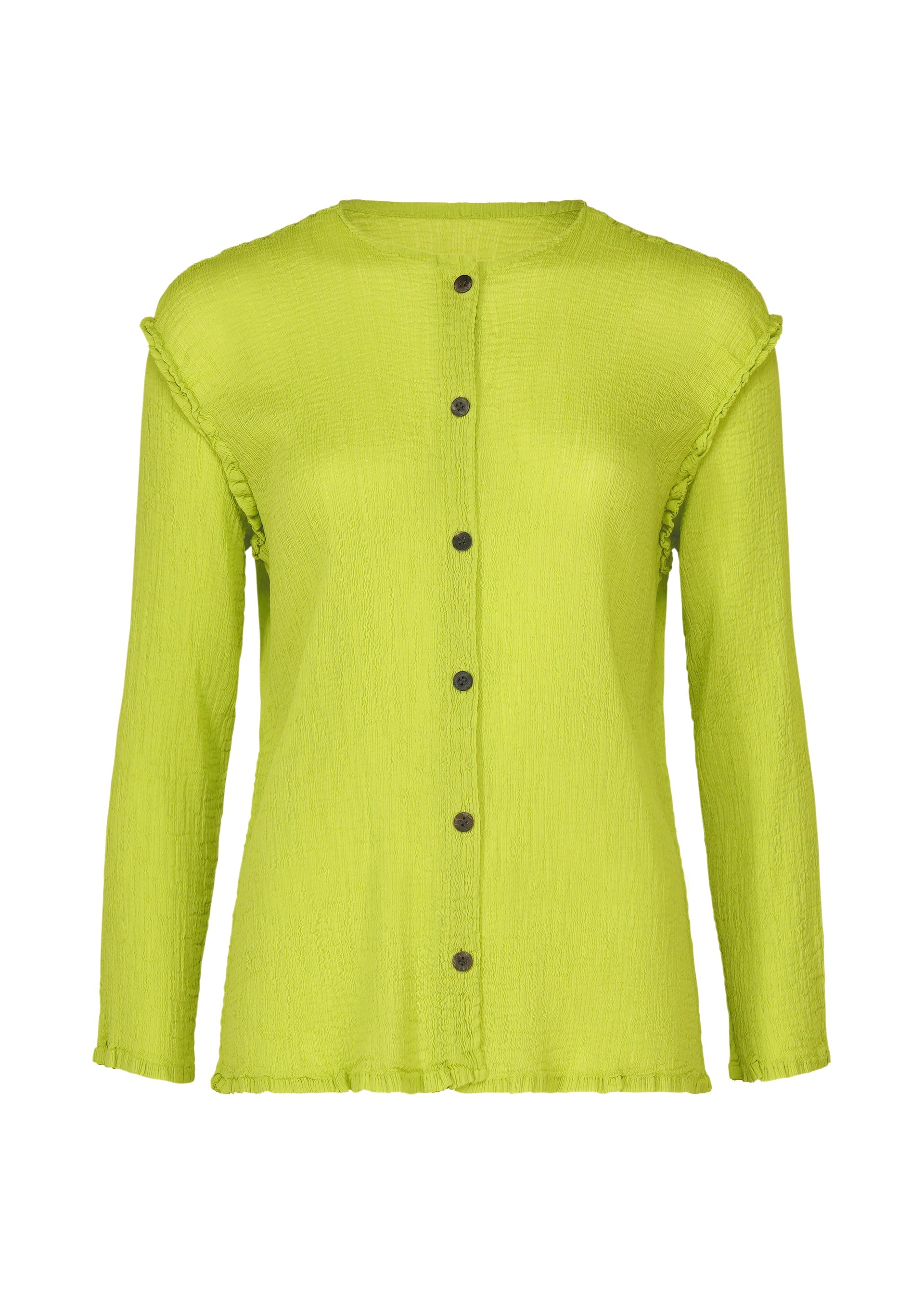 Zoomed view The SEE-THROUGH CREPE COLOR by me ISSEY MIYAKE is a long-sleeved, lime green blouse with a round neckline, black front buttons, and subtle ruffle accents at the shoulders and hem. - LIME YELLOW （no.51）