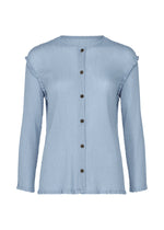 The SEE-THROUGH CREPE COLOR by me ISSEY MIYAKE is a light blue, long-sleeve, button-up blouse with a round neckline, textured fabric, and subtle ruffle details at the shoulders and hem. - FOGGY BLUE （no.71）