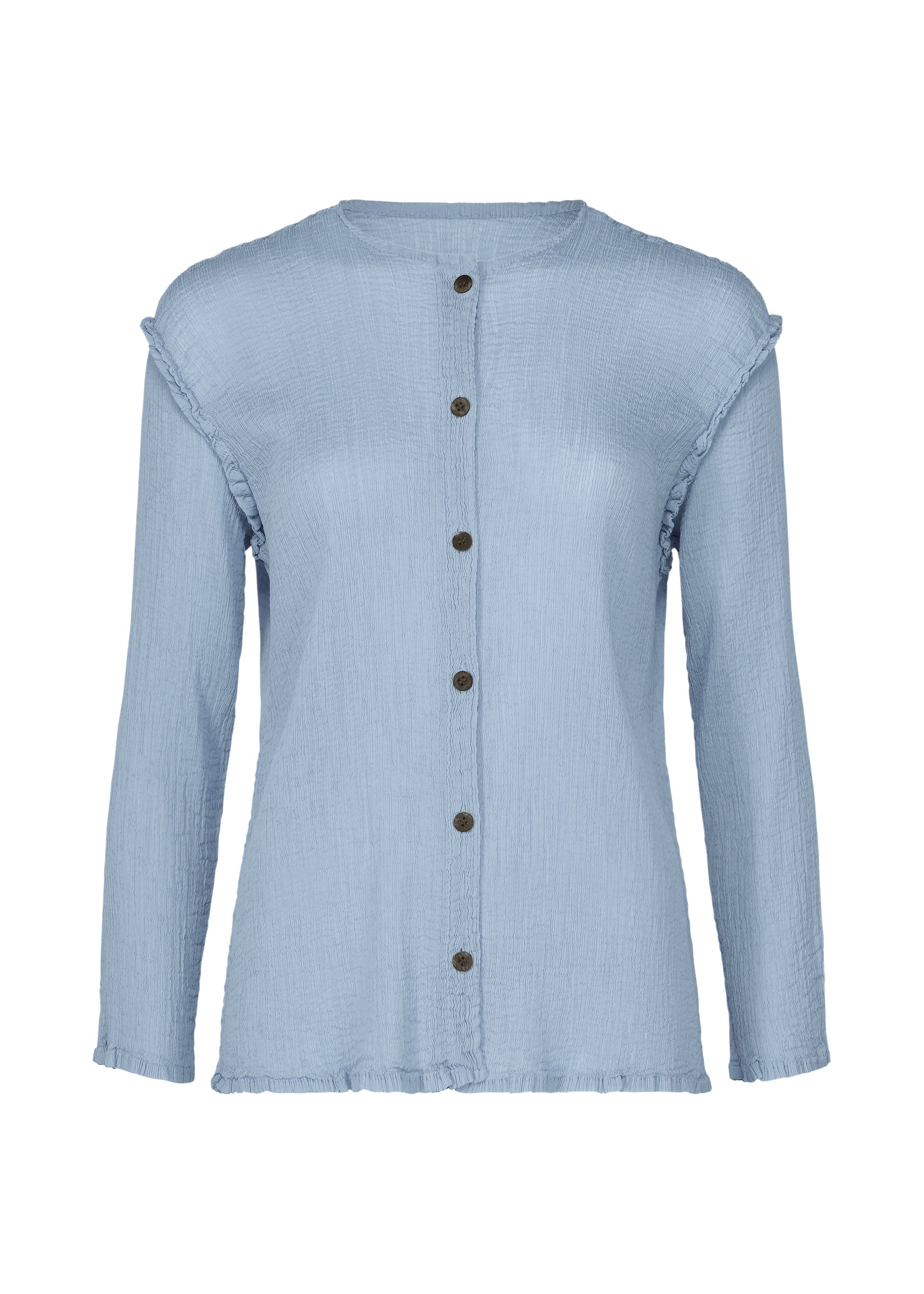 Zoomed view The SEE-THROUGH CREPE COLOR by me ISSEY MIYAKE is a light blue, long-sleeve, button-up blouse with a round neckline, textured fabric, and subtle ruffle details at the shoulders and hem. - FOGGY BLUE （no.71）