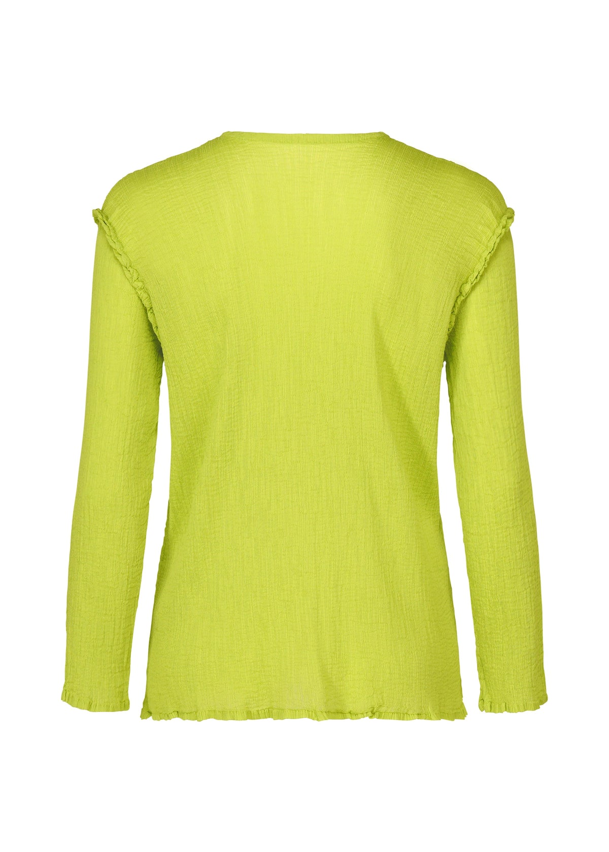 The SEE-THROUGH CREPE COLOR shirt by me ISSEY MIYAKE in bright lime green features product-dyed, textured fabric with subtle ruffle trim along the shoulders and hem, shown from the back with long sleeves. view 4 of 7